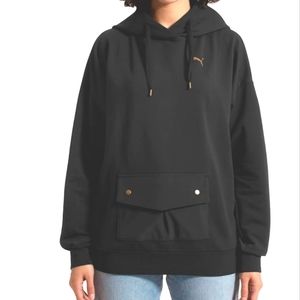 PUMA Fusion Black Large Hoodie Pocket Logo Multifabric Sports Pocket Gold Accent